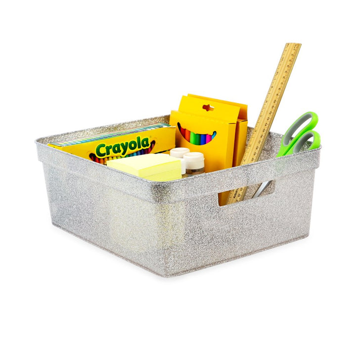 Isaac Jacobs Medium Glitter Storage Bin (14” x 11.5” x 5.5”) Set w/Cut-Out Handles, Plastic Organizer, Multi-Functional, Home Storage Solution, Kids Playroom, Bedroom, Closet