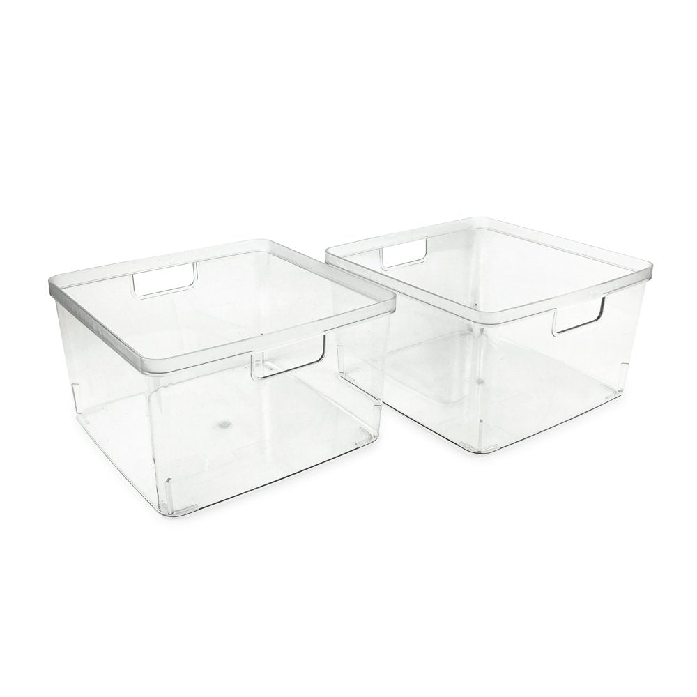 Isaac Jacobs Large Stackable Organizer Bin (10.75” x 6.5” x 6.1”) w Hinged  Lid Clear Storage Box Home Office School Fridge Bathroom Kitchen Pantry