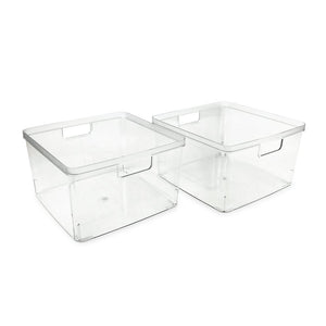 Isaac Jacobs Clear Storage Bins w/Cutout Handles, Plastic Organizer for Home, Office, Kitchen, Fridge/Freezer, Bathroom, BPA Free, Food Safe