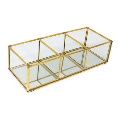 Isaac Jacobs 3-Compartment Vintage Style Brass and Glass Makeup Organizer (9.1” L x 3.6“W x 2.6” H), Multi-Sectional Tray & Storage Solution w/Mirror Base, Bathroom, Kitchen, Office