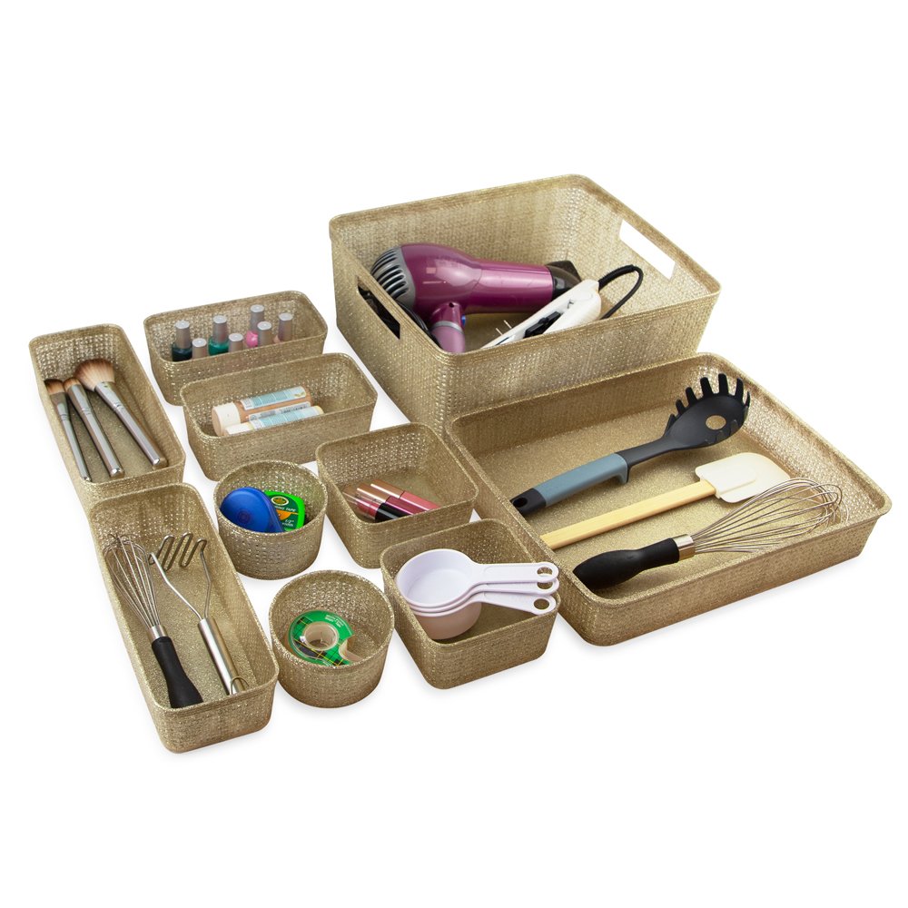 Isaac Jacobs Glitter Plastic Organizer Set w/Cut-Out Handles, Multi-Functional Home Storage, Desk, Office, Bathroom, Bedroom, Closet, Playroom