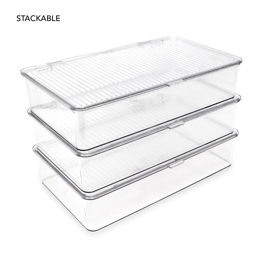 Isaac Jacobs Stackable Organizer Bin w/ Hinged Lid, Clear Storage Box, Home, Office, School, Fridge, Bathroom, Kitchen, Pantry Container, BPA-Free, Food Safe_