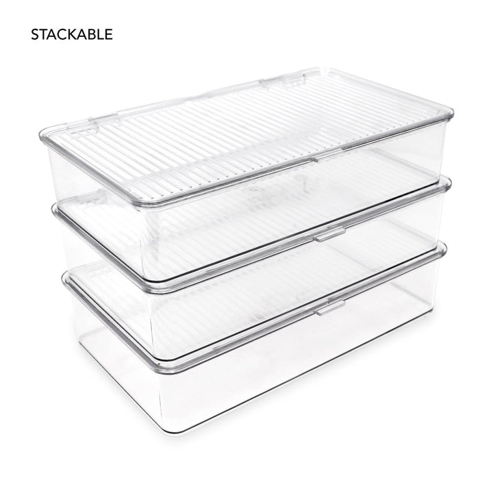 Isaac Jacobs Stackable Organizer Bin w/ Hinged Lid, Clear Storage Box, Home, Office, School, Fridge, Bathroom, Kitchen, Pantry Container, BPA-Free, Food Safe_