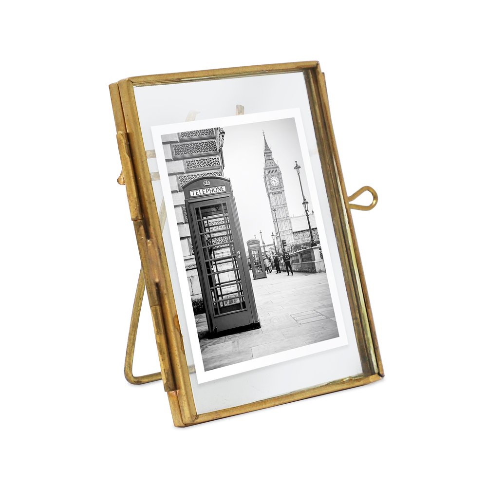 Isaac Jacobs 2x3 (10-Pack) Vintage Style Brass and Glass, Metal Floating Picture Frame (Vertical) with Locket Closure, for Photos, Art, More, Tabletop Display_