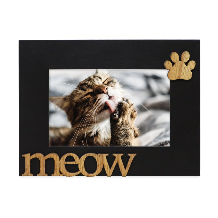 Isaac Jacobs Wood Sentiments Cat “Meow” Picture Frame, Photo Gift for Pet Cat, Kitten, Display on Tabletop, Desk
