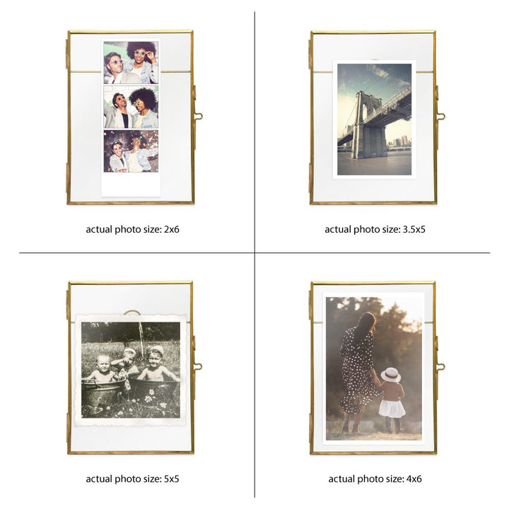 Isaac Jacobs (2-Pack) Vintage Style Brass and Glass, Metal Floating Picture Frame with Locket Closure, for Photos, Art, &amp; More, Tabletop Display