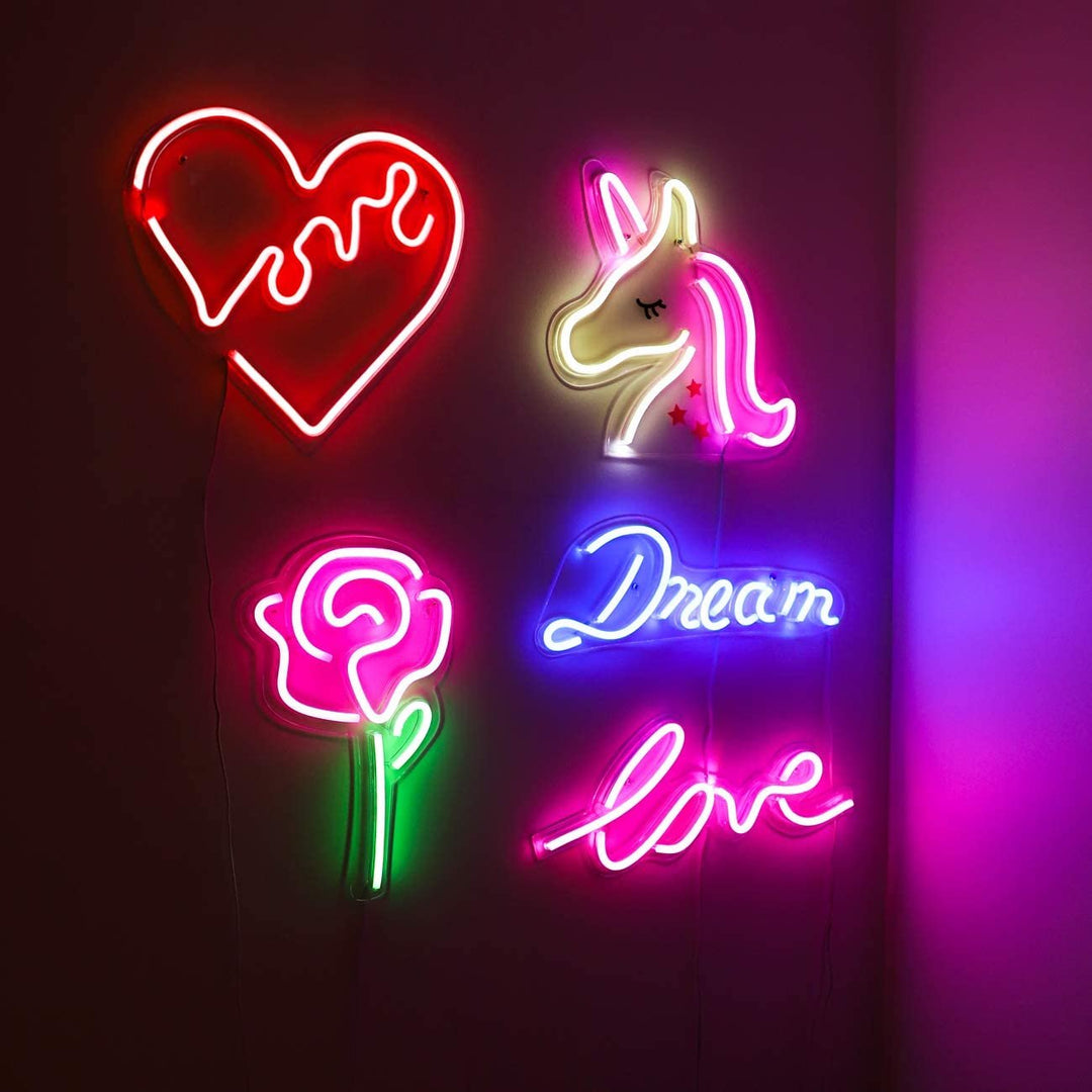Isaac Jacobs 15" x 9" inch LED Neon Pink Rose Flower with Green Stem Wall Sign For Cool Light, Wall Art, Bedroom Decorations, Home Accessories, Party, and Holiday Decor: Powered by USB Wire (ROSE)