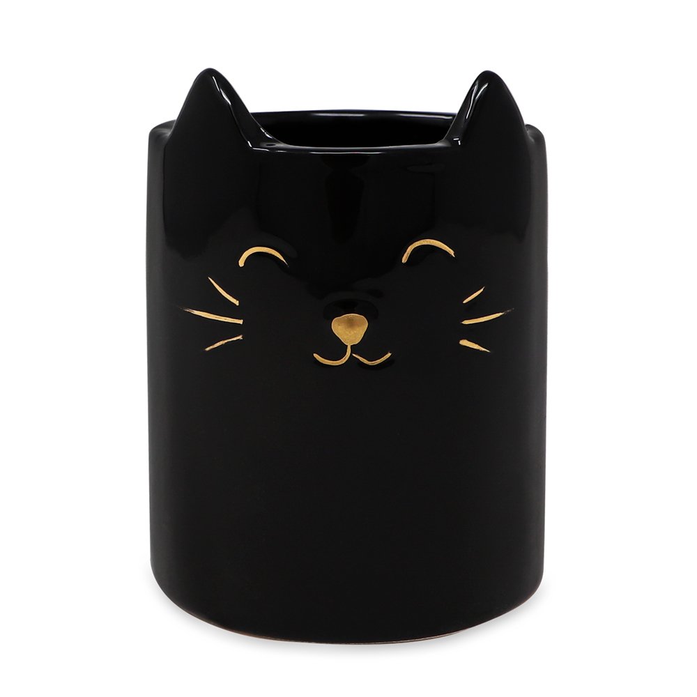 Isaac Jacobs Ceramic Cat Makeup Brush Holder, Multi-Purpose Organizer. Bathroom, Kitchen, Bedroom, Office Décor