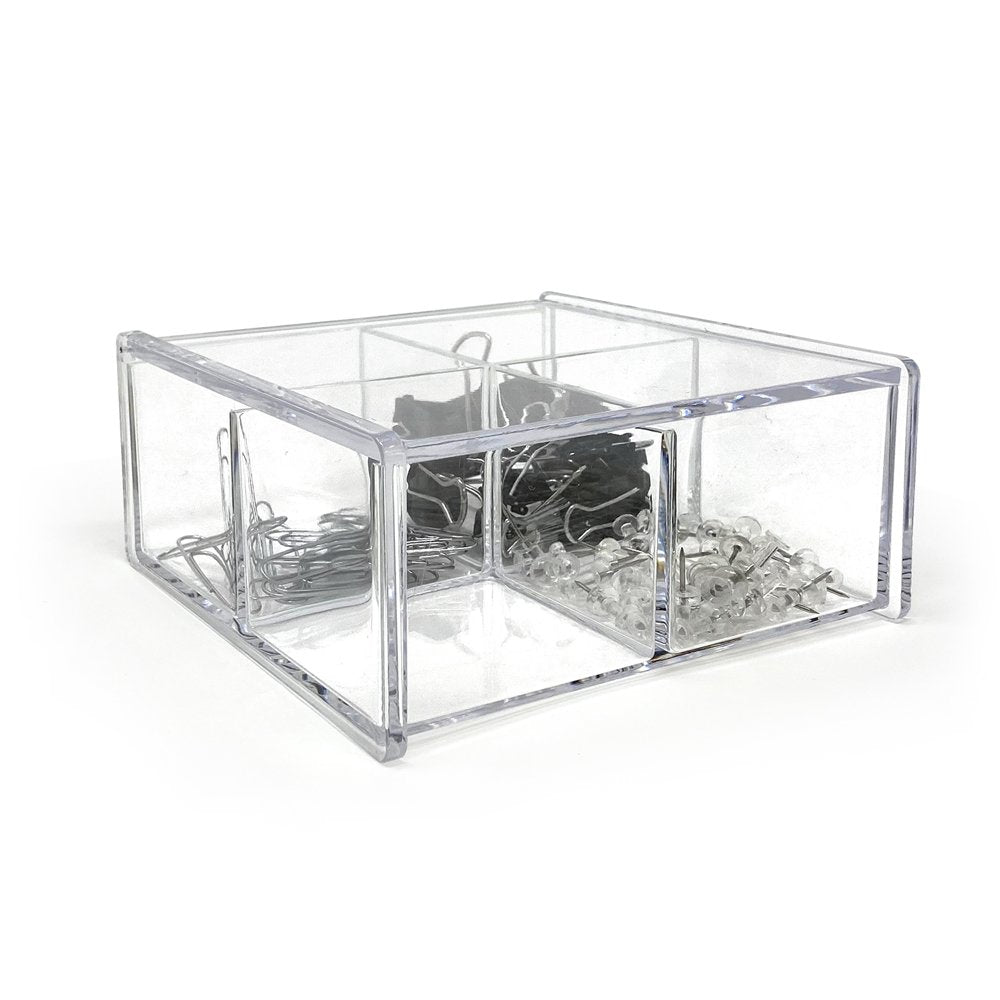 Isaac Jacobs 4-Compartment Square Clear Acrylic Organizer with Lid (5.75" L x 5.75" W x 2.75" H), Multi-Sectional Tray, Stackable, Storage Solution for School, Craft, Office Supplies, Kitchen &amp; More