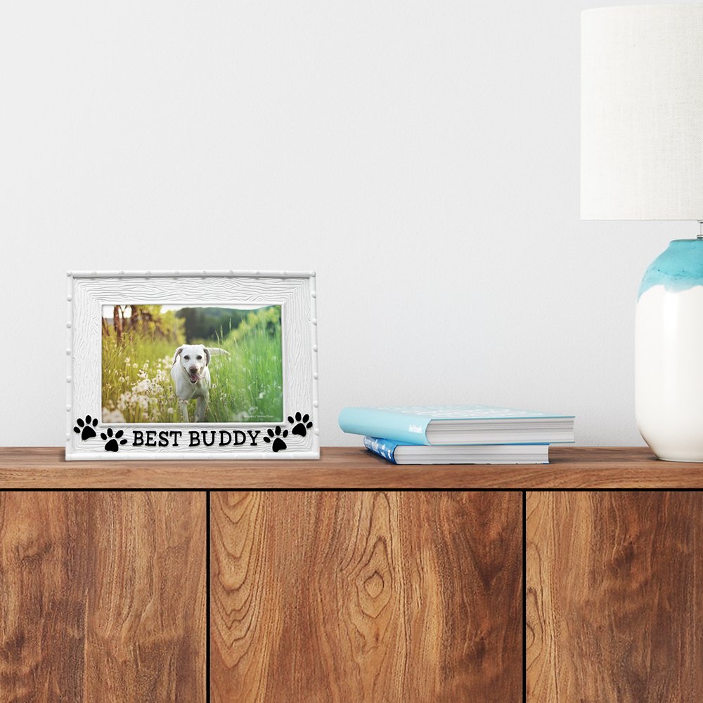 Isaac Jacobs 4" x 6" Resin Sentiments Dog Best Buddy Picture Frame, Horizontal Keepsake Photo Frame with Easel and Hanging Tabs for Tabletop, Desktop &amp; Wall Display