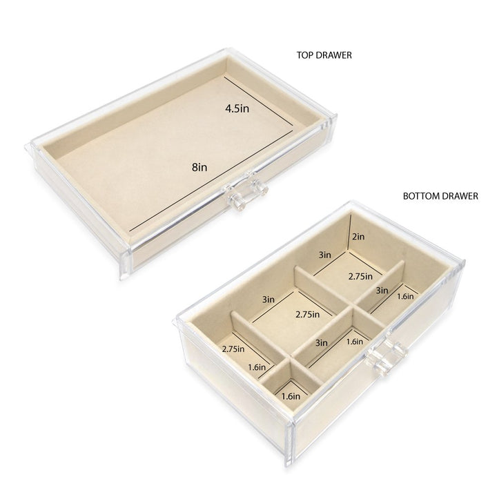 Isaac Jacobs Clear Acrylic 2-Drawer Jewelry Organizer (9.25” x 5.4” x 4.25”) w/ Velvet Lining, Stackable Storage Box For Necklaces, Bracelets, Earrings, Watches &amp; Rings, Tabletop Display Case