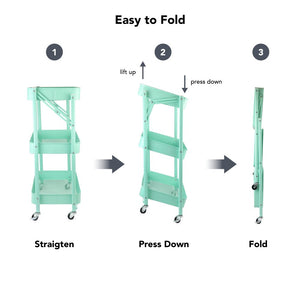 Isaac Jacobs 3-Tier Rolling Cart, Foldable Mobile Storage Organizer with Caster Wheels, Lightweight Multi-Purpose Metal Utility Cart for Office, Kitchen, Bathroom, Bedroom