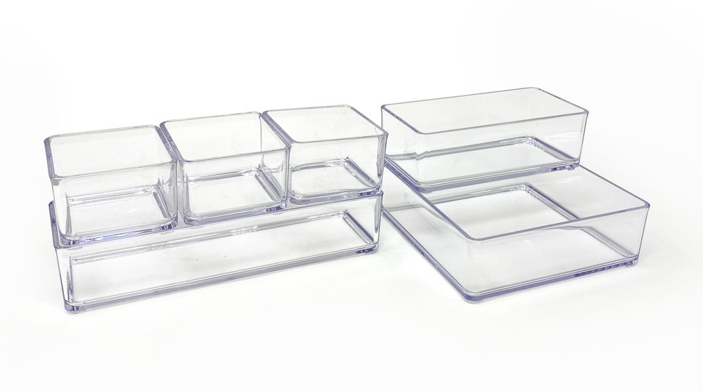 Isaac Jacobs 6-Tray Clear Acrylic Organizer Set, (Six Individual Trays), Multi-Purpose, Stackable Storage Solution for Makeup, Crafts, Desk, School, Office Supplies &amp; More, for Bathroom, Kitchen