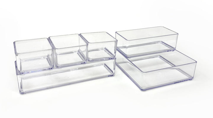 Isaac Jacobs 6-Tray Clear Acrylic Organizer Set, (Six Individual Trays), Multi-Purpose, Stackable Storage Solution for Makeup, Crafts, Desk, School, Office Supplies &amp; More, for Bathroom, Kitchen