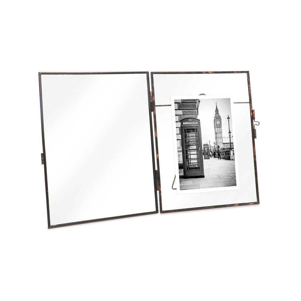 Isaac Jacobs Vintage Style Brass and Glass, Metal Floating Picture Frame with Locket Closure, for Photos, Art, &amp; More, Tabletop Display