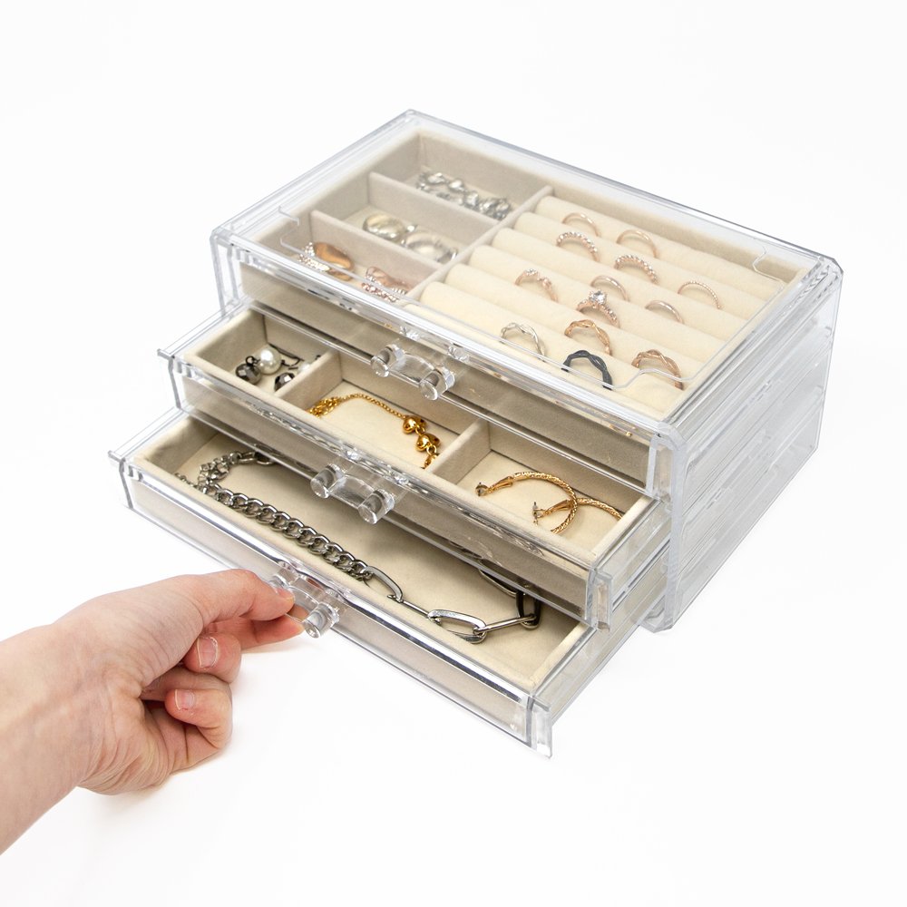 Isaac Jacobs Clear Acrylic 3-Drawer Jewelry Organizer (9.25” x 5.4” x 4.25”) w/ Velvet Lining, Stackable Storage Box For Necklaces, Bracelets, Earrings, Watches &amp; Rings, Tabletop Display Case