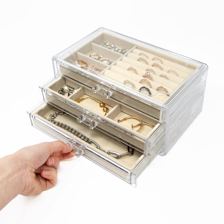 Isaac Jacobs Clear Acrylic 3-Drawer Jewelry Organizer (9.25” x 5.4” x 4.25”) w/ Velvet Lining, Stackable Storage Box For Necklaces, Bracelets, Earrings, Watches &amp; Rings, Tabletop Display Case