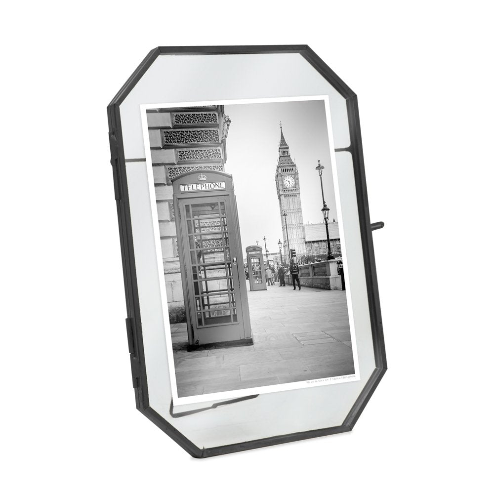 Isaac Jacobs Vintage Style Octagon Brass &amp; Glass, Metal Floating Picture Frame with Locket Closure, Tabletop Display