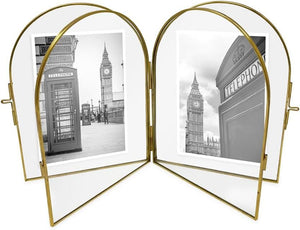 Isaac Jacobs Vintage Style, Double-Sided Arched Brass & Glass Metal Floating Picture Frame with Locket Closure (Vertical), Made for Tabletop Display