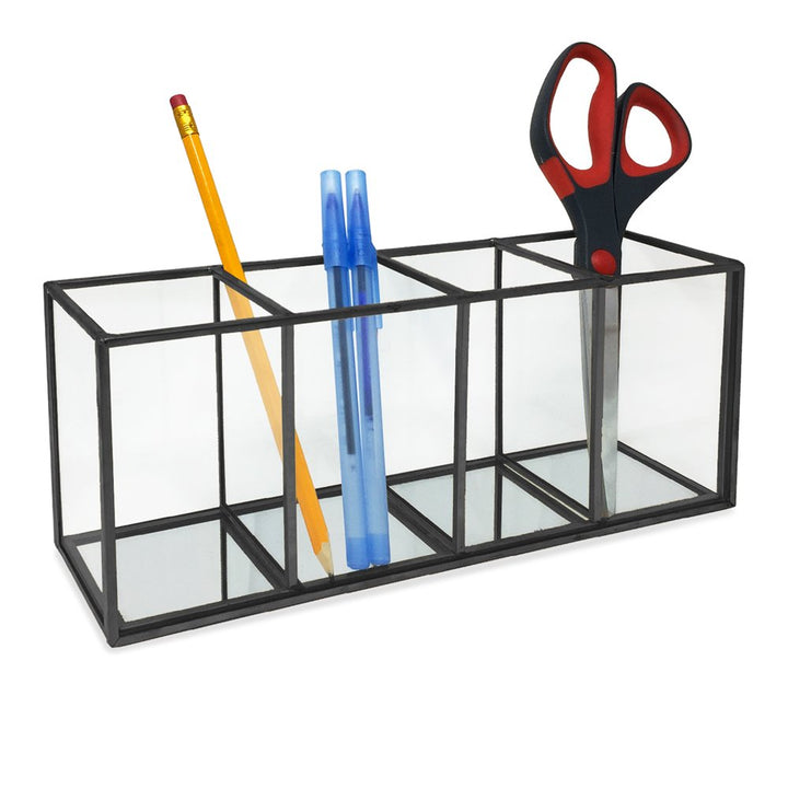 Isaac Jacobs 4-Compartment Organizer- Makeup Brush Holder- Vintage Style Brass and Glass Storage Solution with Mirror Base- Office, Bathroom, Kitchen Supplies and More
