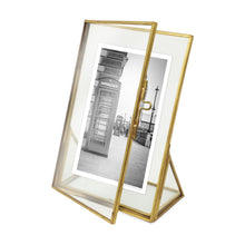 Isaac Jacobs Vintage Style Brass and Glass, Floating Photo Frame, Metal, with Locket Closure and Angled Base, for Pictures, Art, Mementos, Keepsakes