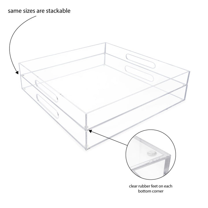 Isaac Jacobs Clear Acrylic Serving Tray with Cutout Handles, Spill-Proof, Stackable Organizer, Space-Saver, Food &amp; Drinks Server, Indoors/Outdoors, Lucite Storage Décor &amp; More