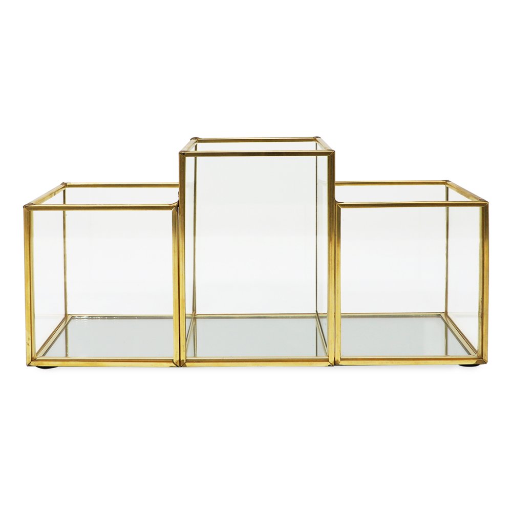 Isaac Jacobs 3-Compartment Makeup Brush Holder, Vintage Style Brass and Glass Organizer, (9.3” L x 3.1" W x 4.5" H) Storage Solution with Mirror Base &amp; Taller Center Slot, for Makeup, Crafts, More