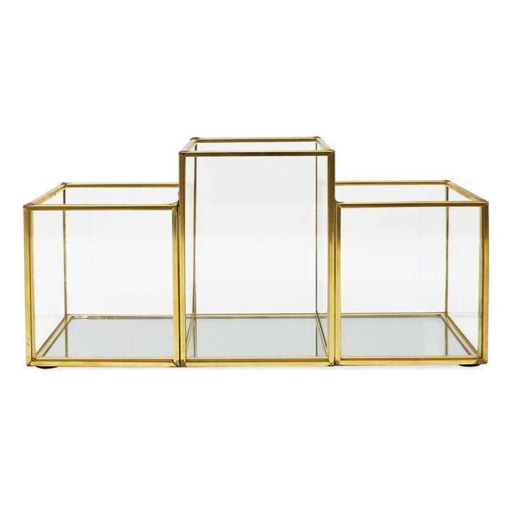 Isaac Jacobs 3-Compartment Makeup Brush Holder, Vintage Style Brass and Glass Organizer, (9.3” L x 3.1" W x 4.5" H) Storage Solution with Mirror Base &amp; Taller Center Slot, for Makeup, Crafts, More