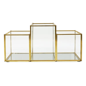 Isaac Jacobs 3-Compartment Makeup Brush Holder, Vintage Style Brass and Glass Organizer, (9.3” L x 3.1" W x 4.5" H) Storage Solution with Mirror Base & Taller Center Slot, for Makeup, Crafts, More