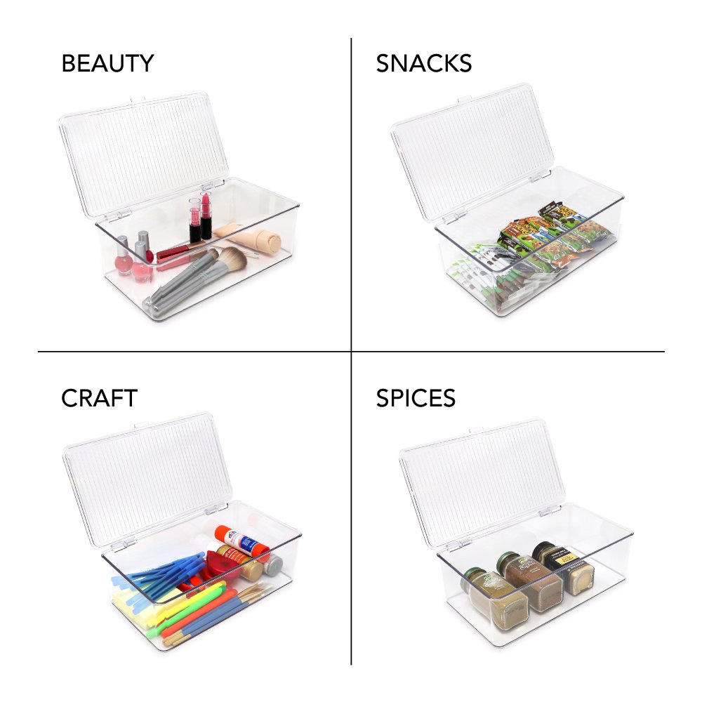 Isaac Jacobs Stackable Organizer Bin w/ Hinged Lid, Clear Storage Box, Home, Office, School, Fridge, Bathroom, Kitchen, Pantry Container, BPA-Free, Food Safe_