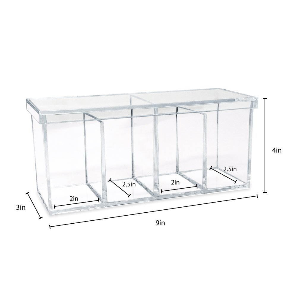 Isaac Jacobs 4-Compartment Clear Acrylic Organizer with Lid (9” L x 3” W x 4” H), Makeup Brush Holder, Sectional Tray, Storage Solution for Makeup, Crafts, Office Supplies &amp; More