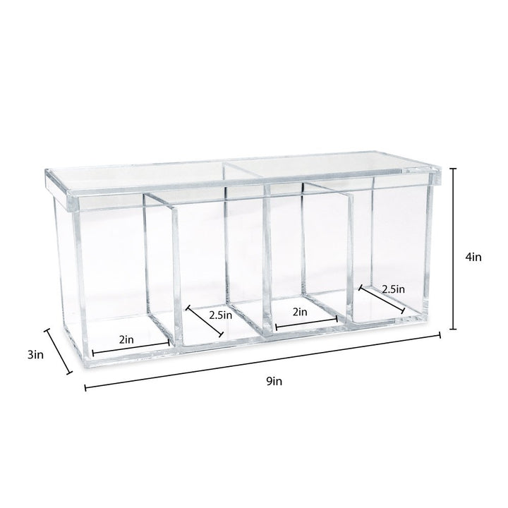Isaac Jacobs 4-Compartment Clear Acrylic Organizer with Lid (9” L x 3” W x 4” H), Makeup Brush Holder, Sectional Tray, Storage Solution for Makeup, Crafts, Office Supplies &amp; More
