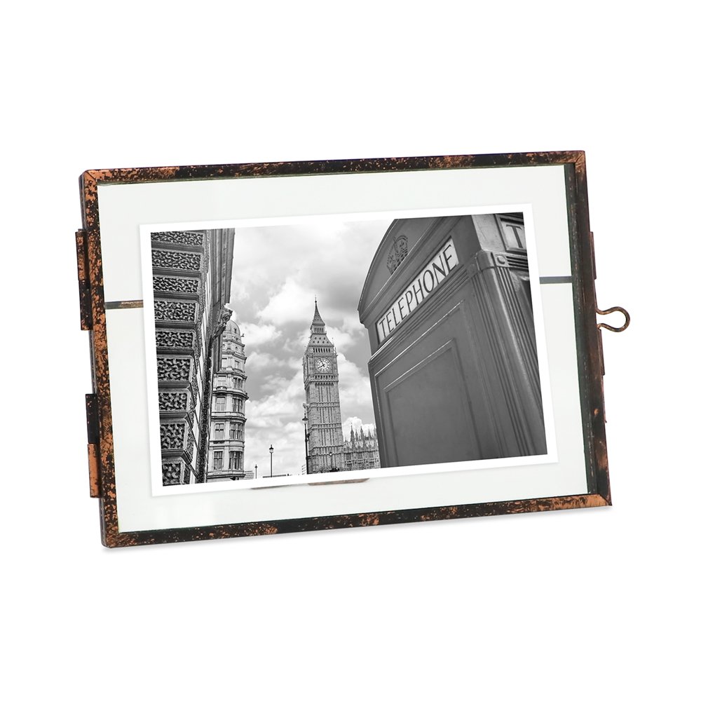 Isaac Jacobs Vintage Style Brass and Glass, Metal Floating Picture Frame with Locket Closure, for Photos, Art, &amp; More, Tabletop Display
