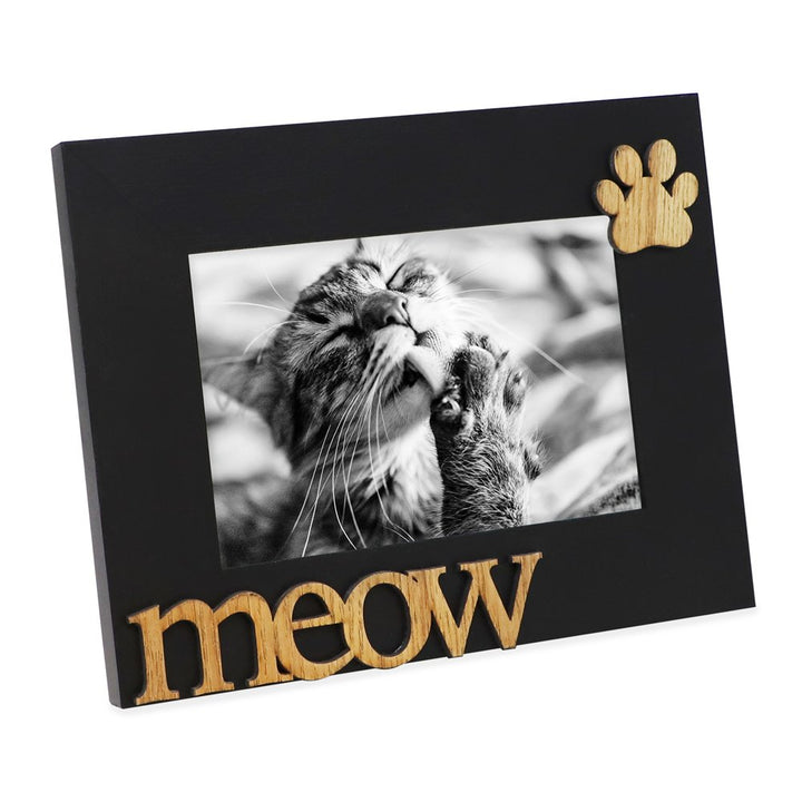 Isaac Jacobs Wood Sentiments Cat “Meow” Picture Frame, Photo Gift for Pet Cat, Kitten, Display on Tabletop, Desk