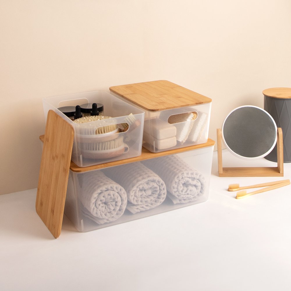 Isaac Jacobs 2-Pack Storage Bin Set w/ Cut-Out Handles and Bamboo Lid, Plastic Organizers for Home, Pantry, Kitchen, Closet, Office, Home Décor, BPA Free, Food Safe