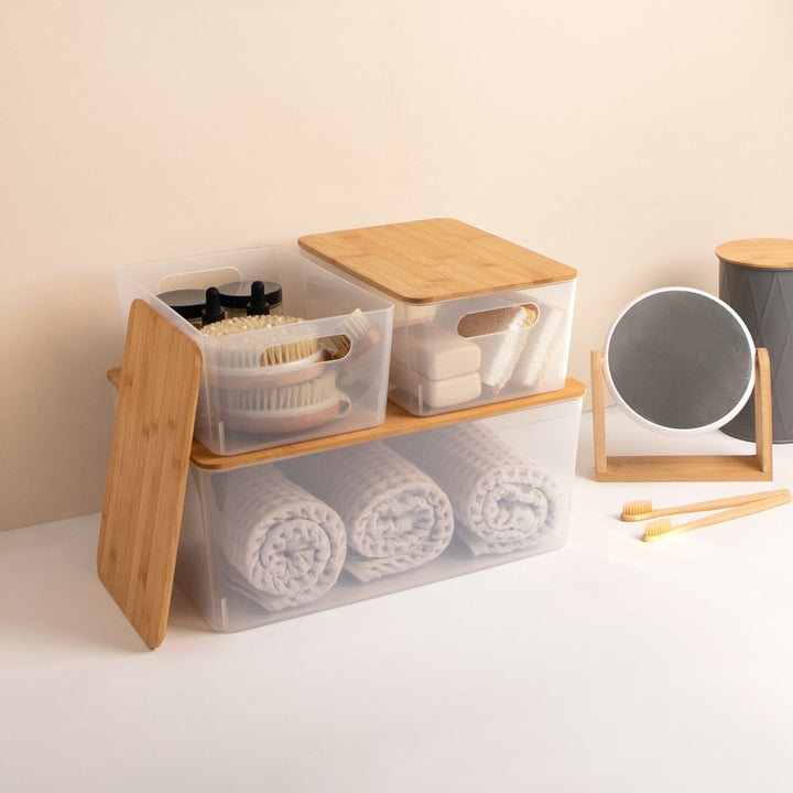 Isaac Jacobs 2-Pack Storage Bin Set w/ Cut-Out Handles and Bamboo Lid, Plastic Organizers for Home, Pantry, Kitchen, Closet, Office, Home Décor, BPA Free, Food Safe