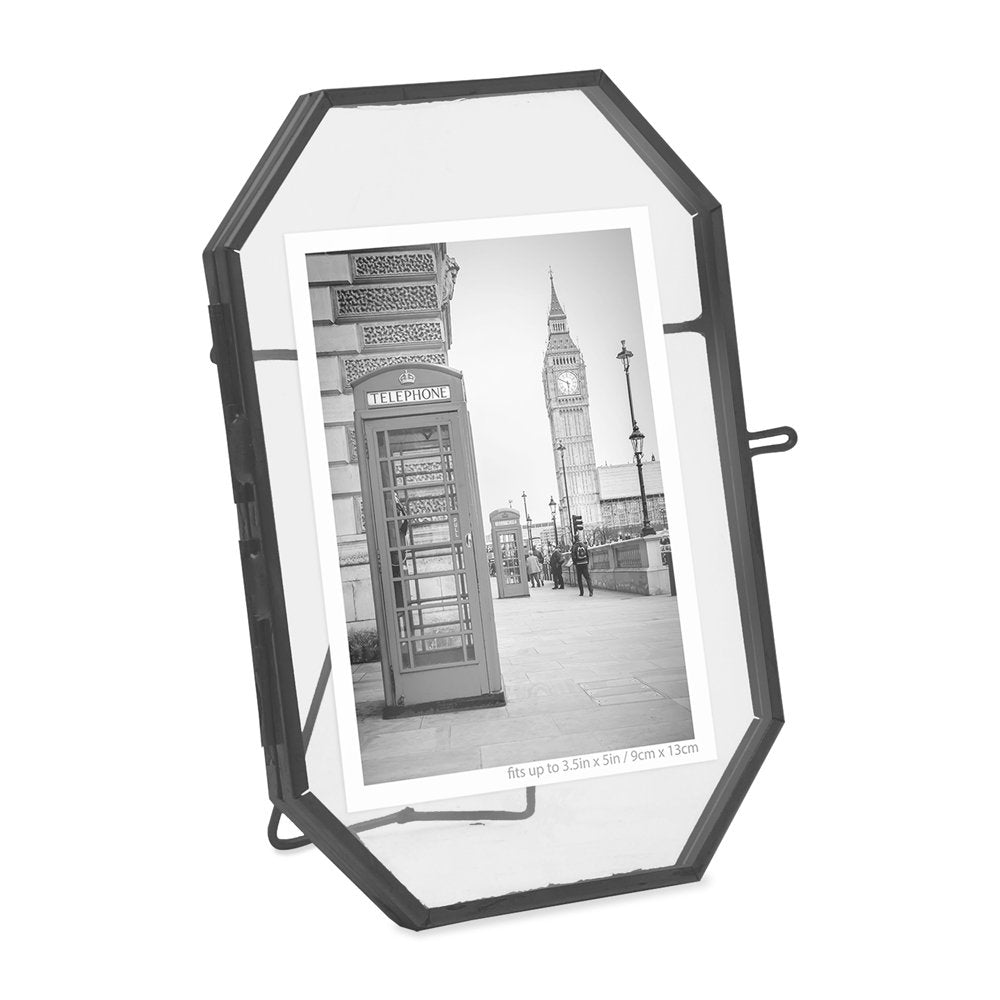 Isaac Jacobs Vintage Style Octagon Brass &amp; Glass, Metal Floating Picture Frame with Locket Closure, Tabletop Display
