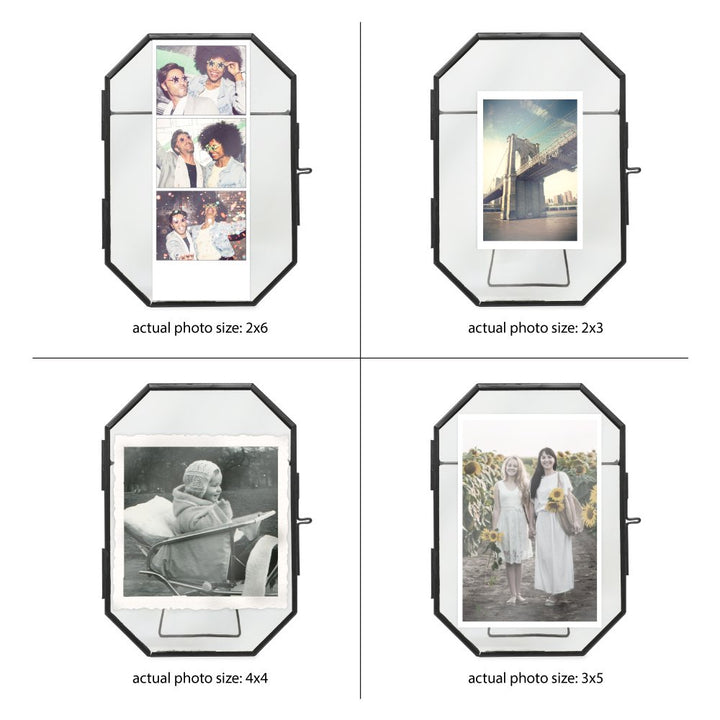Isaac Jacobs Vintage Style Octagon Brass &amp; Glass, Metal Floating Picture Frame with Locket Closure, Tabletop Display