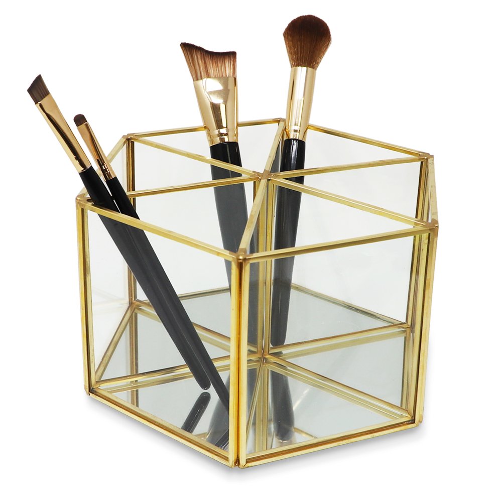 Isaac Jacobs 6-Compartment Rotating Makeup Brush Holder, 360 Degree Acrylic  Carousel, Vintage Style Brass and Glass Organizer, Storage Solution with