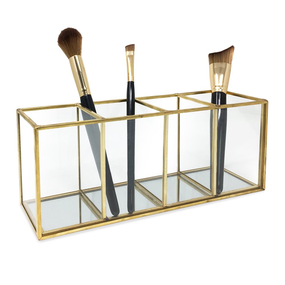 Isaac Jacobs 4-Compartment Organizer- Makeup Brush Holder- Vintage Style Brass and Glass Storage Solution with Mirror Base- Office, Bathroom, Kitchen Supplies and More