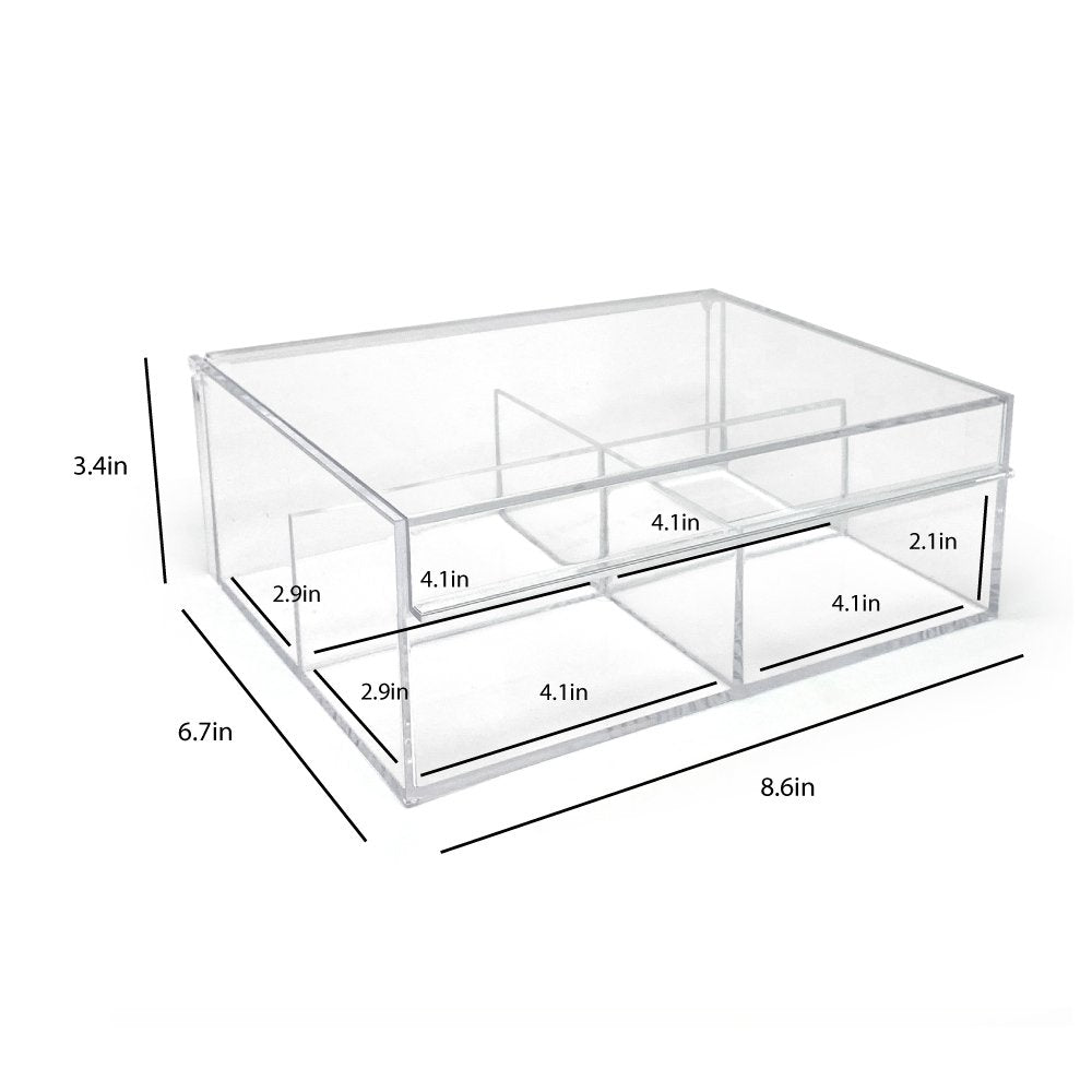 Isaac Jacobs 4-Compartment Clear Acrylic Organizer with Lid (6.7" L x 8.6" W x 3.4" H), Multi-Sectional Tray &amp; Storage Solution for Makeup, School &amp; Office Supplies &amp; More, for Bathroom, Kitchen