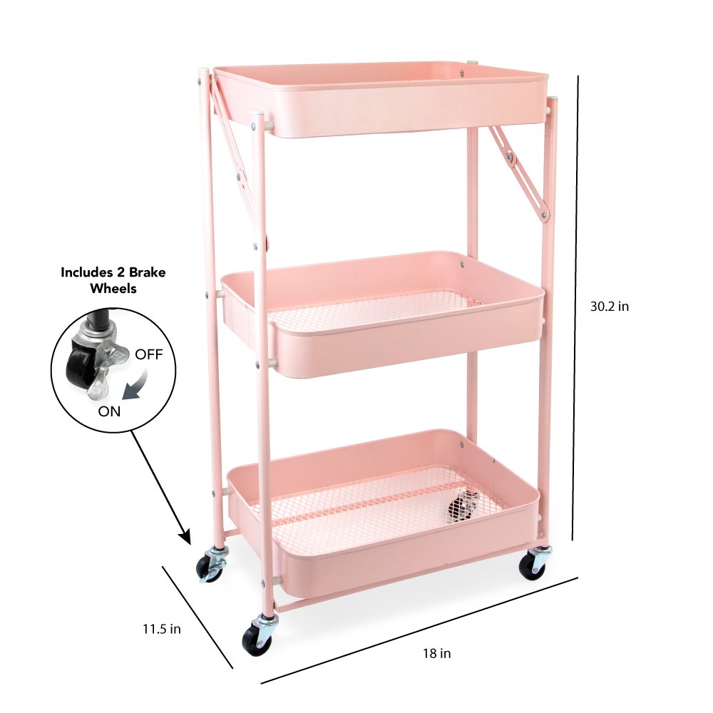 Isaac Jacobs 3-Tier Rolling Cart, Foldable Mobile Storage Organizer with Caster Wheels, Lightweight Multi-Purpose Metal Utility Cart for Office, Kitchen, Bathroom, Bedroom