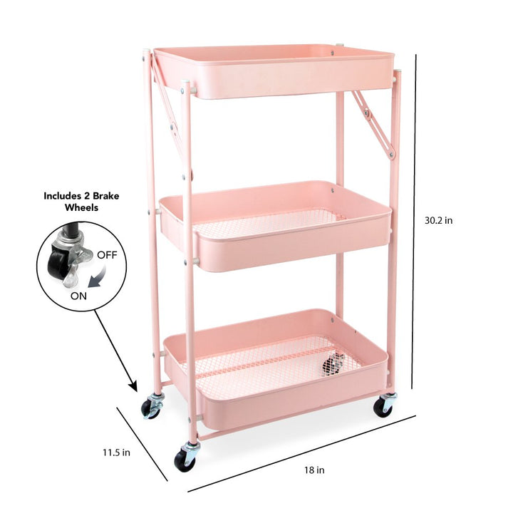 Isaac Jacobs 3-Tier Rolling Cart, Foldable Mobile Storage Organizer with Caster Wheels, Lightweight Multi-Purpose Metal Utility Cart for Office, Kitchen, Bathroom, Bedroom