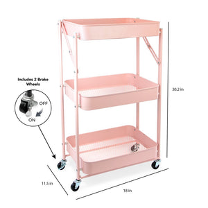 Isaac Jacobs 3-Tier Rolling Cart, Foldable Mobile Storage Organizer with Caster Wheels, Lightweight Multi-Purpose Metal Utility Cart for Office, Kitchen, Bathroom, Bedroom