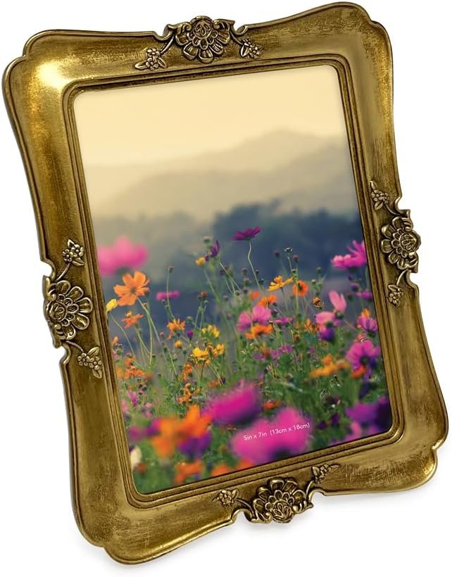 Isaac Jacobs Vintage-Inspired Simple Ornate Picture Frame, Horizontal &amp; Vertical for Tabletop and Wall Display, Home Décor, Floral, Resin Frame