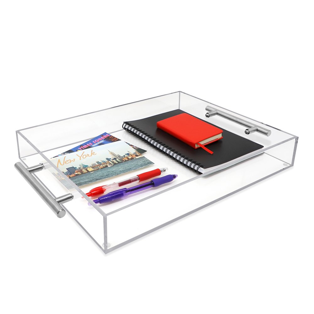 Isaac Jacobs Clear Acrylic Serving Tray with Metal Handles, Spill-Proof, Stackable Organizer, Space-Saver, Food &amp; Drinks Server, Indoors/Outdoors, Lucite Storage Décor &amp; More