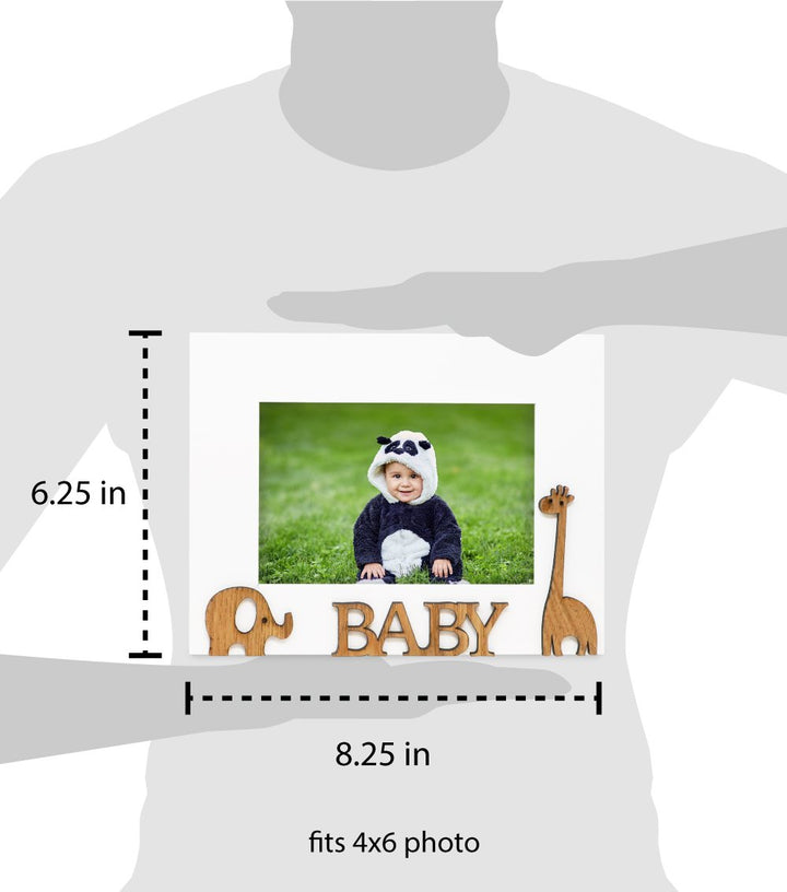 Isaac Jacobs Wood Sentiments “Baby” Picture Frame, 4x6 inch, Photo Gift for Family, Tabletop, Desktop Display &amp; Wall Display, Animal Cutout Details (White)