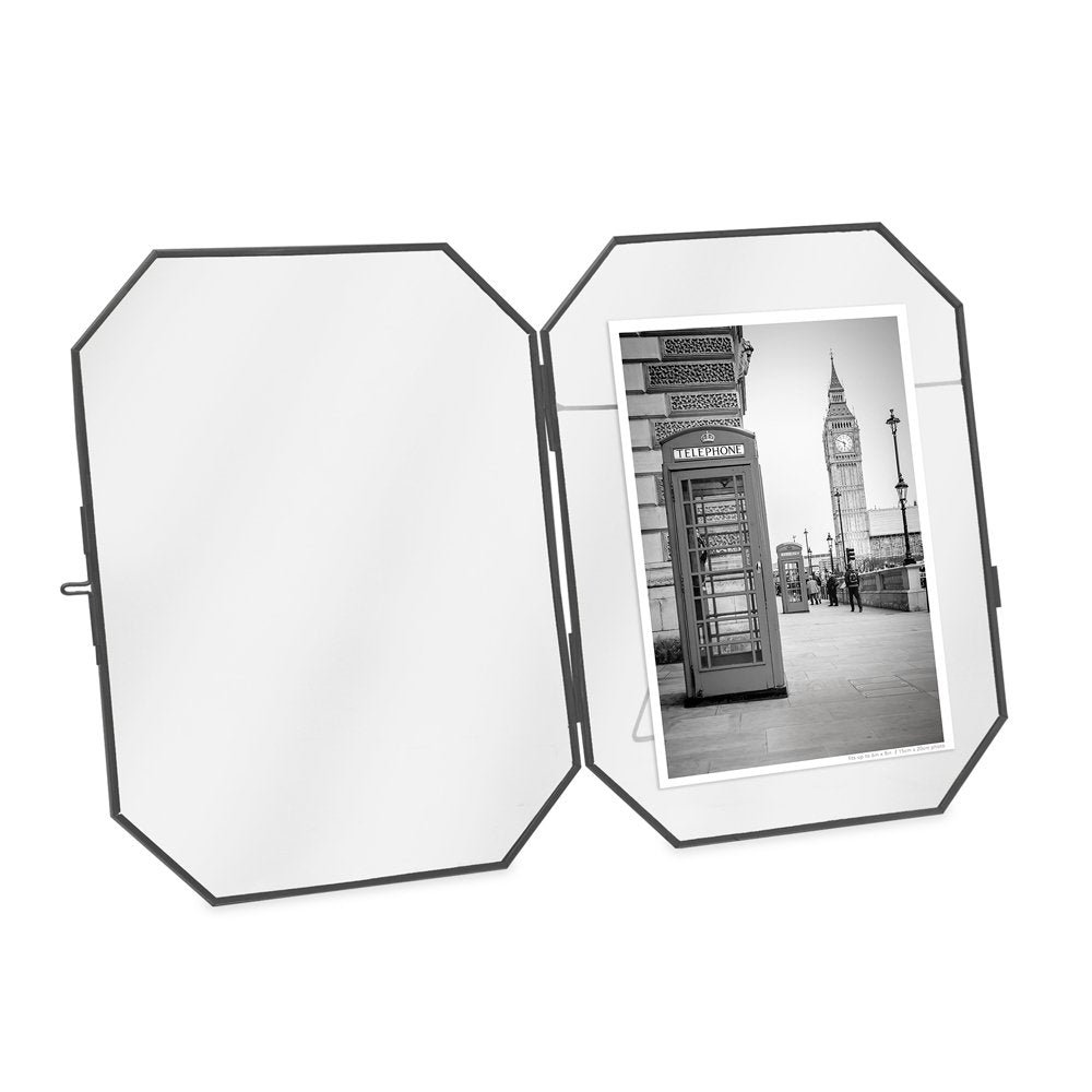 Isaac Jacobs Vintage Style Octagon Brass &amp; Glass, Metal Floating Picture Frame with Locket Closure, Tabletop Display