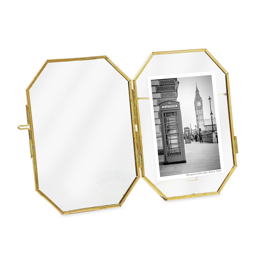 Isaac Jacobs Vintage Style Octagon Brass &amp; Glass, Metal Floating Picture Frame with Locket Closure, Tabletop Display