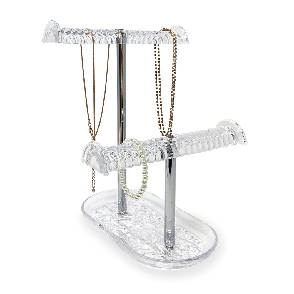 Isaac Jacobs 2-Tier Clear Acrylic Necklace &amp; Bracelet Holder (10.25” H &amp; 5.25” H), Double T-Bar Hanging Chain Organizer, Sleek &amp; Sturdy Jewelry Stand &amp; Tray for Rings, Bedroom, Bathroom